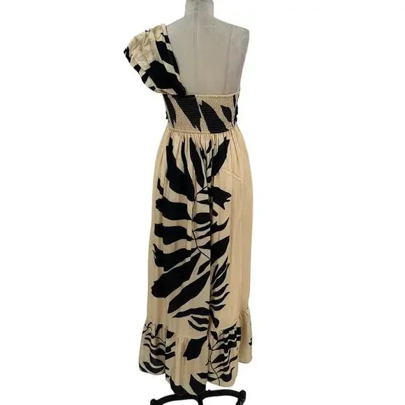 Anthropologie Let Me Be Maxi Dress Palm Printed One Shoulder Cream Black Size MP - Picture 9 of 14